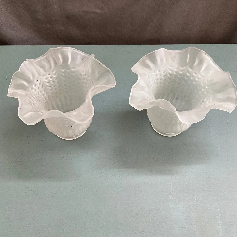 Vintage Frosted Glass Ruffled Tulip Lamp Shades Hobnail Set of 2 White 2.25 In